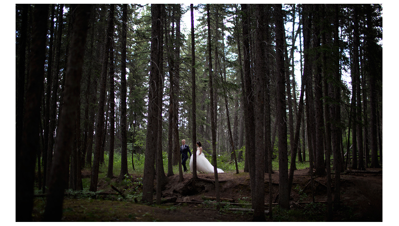 Bridal couple walking through woods